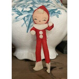 Vintage Christmas Pixie Elf Red White Felt Gold Accents Fabric Retro 3 Inches